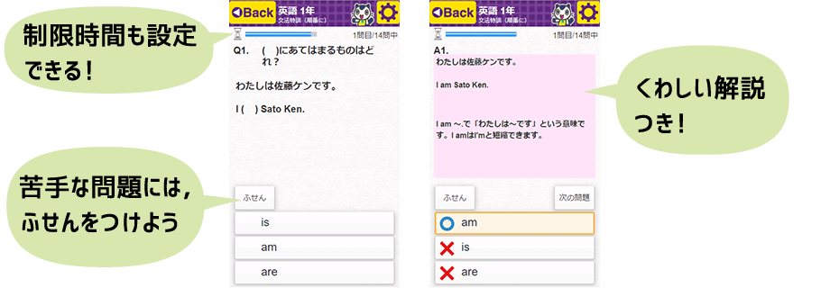 制限時間も設定できる！苦手な問題には、ふせんをつけよう。詳しい解説つき！